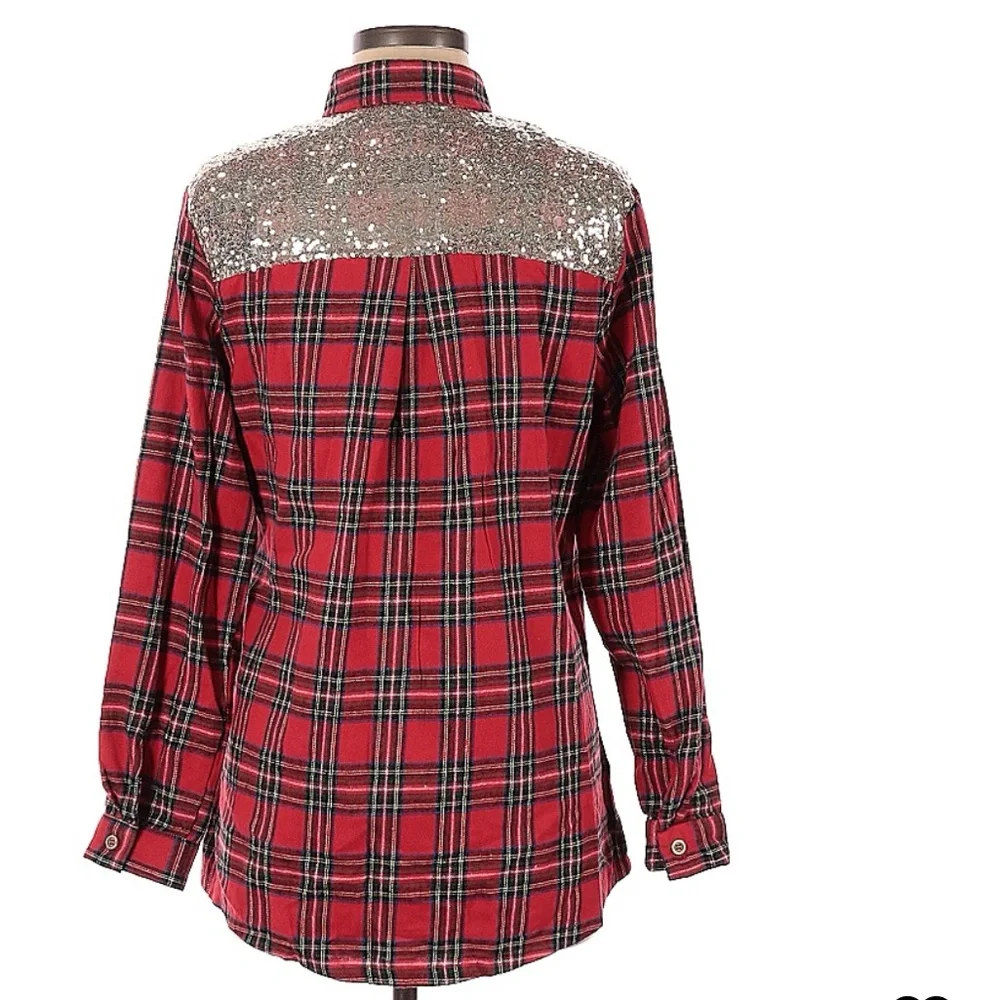 Red Plaid Button-Up Blouse with Sequin Yoke - Picture 3 of 9